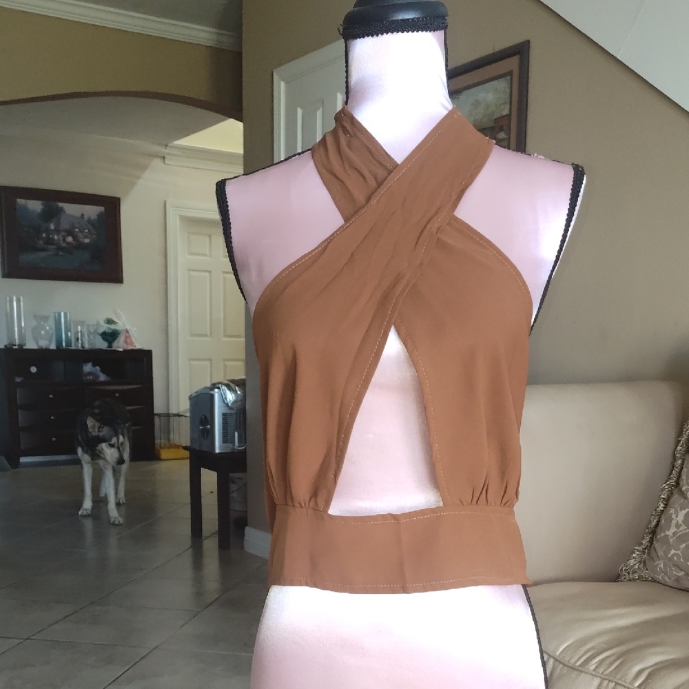 SHEIN Brown Cross Halter Crop Top